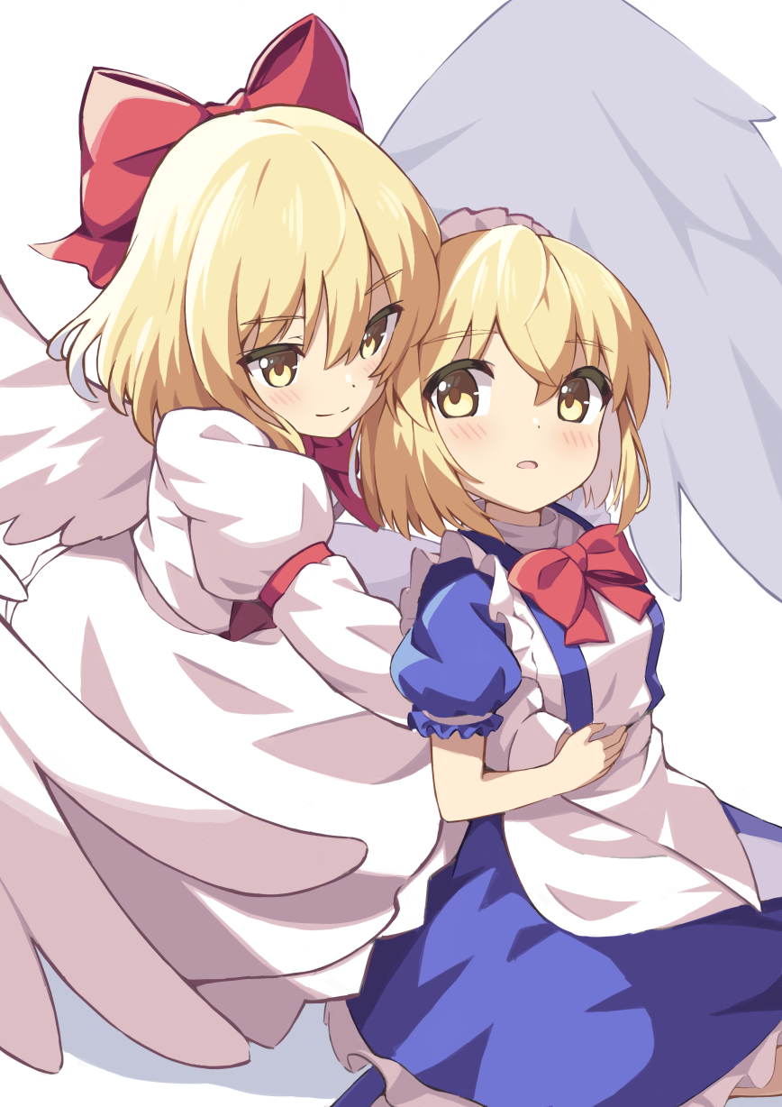 2girls, apron, blonde_hair, blue_dress, blush, bow, closed_mouth, dress