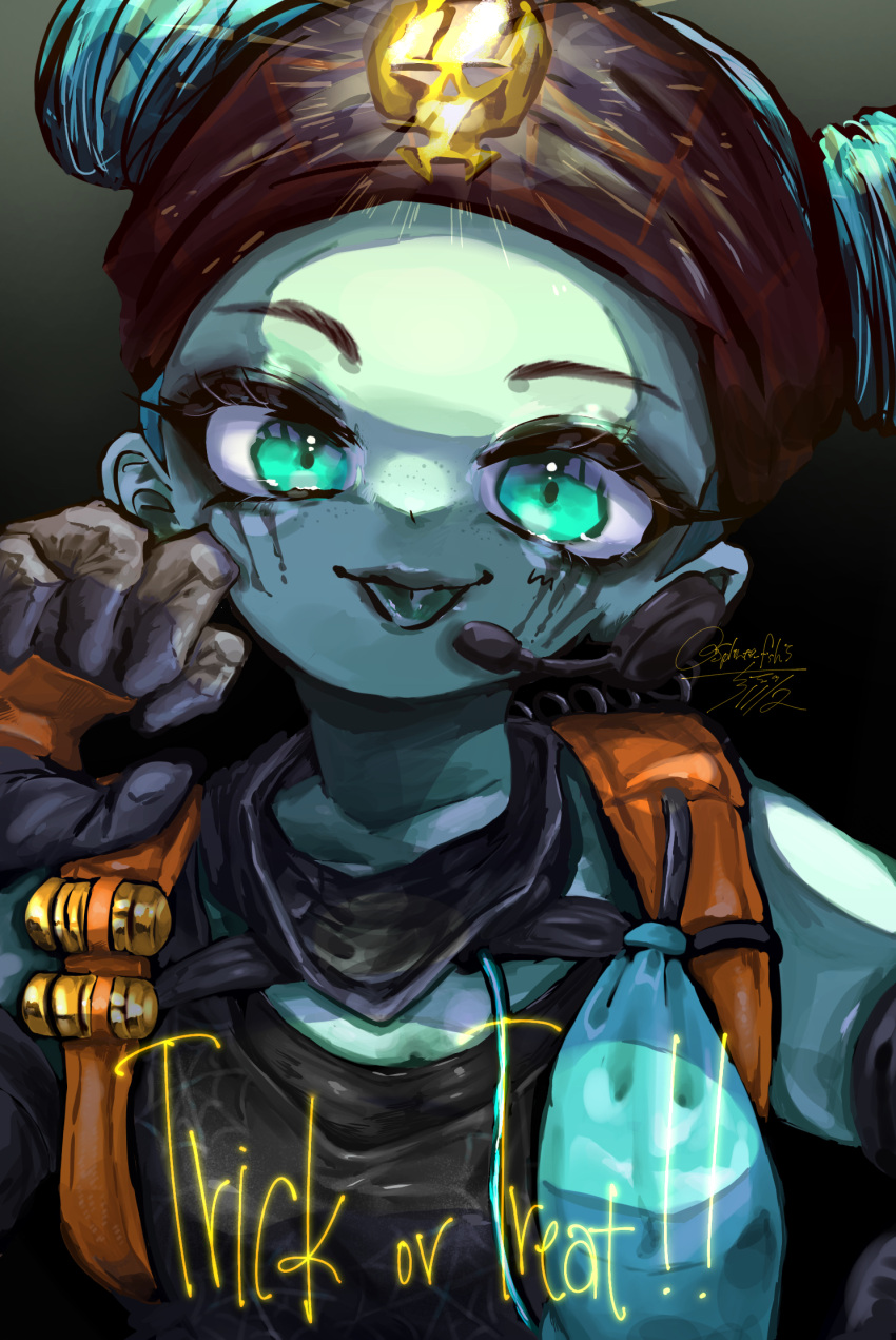 1girl, apex_legends, black_eyeshadow, black_headband, black_tank_top, claw_pose, collarbone, colored_skin, double_bun, eyeshadow, gloves, green_eyes, green_skin, green_widow_lifeline, grey_gloves, head_tilt, headband, headset, highres, lifeline_(apex_legends), looking_at_viewer, makeup, mask, mask_around_neck, splinter_fish59, tank_top, trick_or_treat