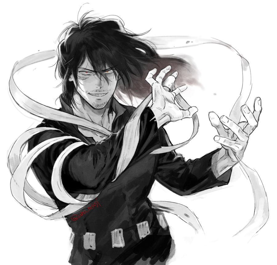 1boy, beard, blurry, boku_no_hero_academia, depth_of_field, eraser_head_(boku_no_hero_academia), evil_grin, evil_smile, eye_contact, facial_hair, greyscale, grin, hair_between_eyes, hands_up, jumpsuit, long_bangs, looking_at_another, looking_at_viewer, male_focus, medium_hair, monochrome, mustache, red_eyes, scar, scar_on_face, scarf, smile, solo, spot_color, stubble, superhero, twitter_username, unconventional_weapon, ura_musi, white_background