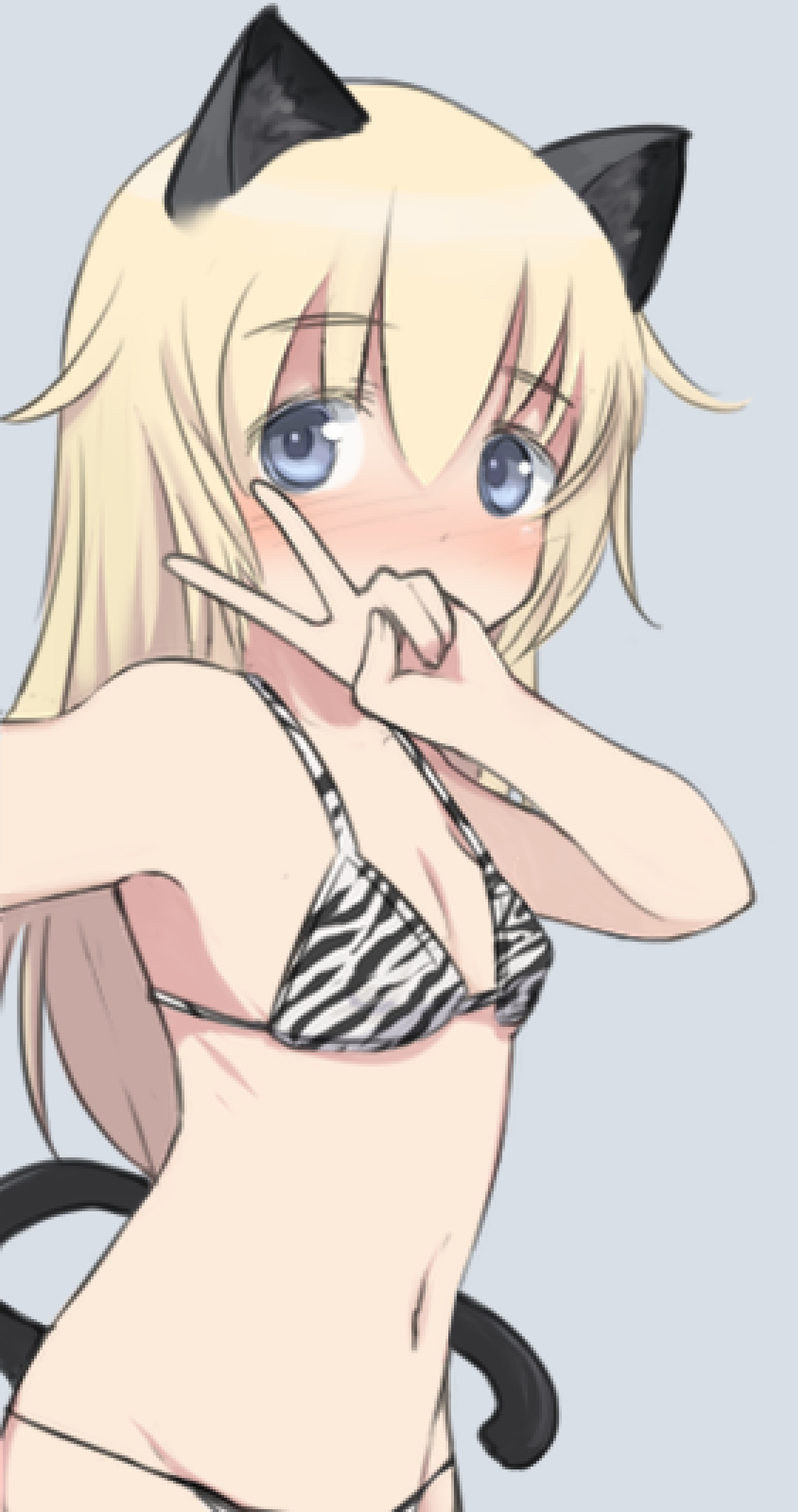 1girl, animal_ears, animal_print, bikini, blonde_hair, blue_eyes, blush, breasts, cat_ears, cat_tail, covered_mouth, cowboy_shot, helma_lennartz, highres, m1saki_1, selfie, small_breasts, solo, swimsuit, tail, tiger_print, world_witches_series