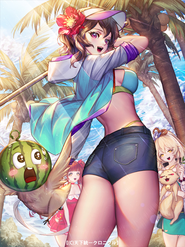'o'ne, 3girls, ass, back, bell, belt, bikini, bikini_under_clothes