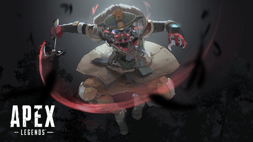 1non-binary, absurdres, airborne, apex_legends, axe, beige_jacket, black_background, black_footwear