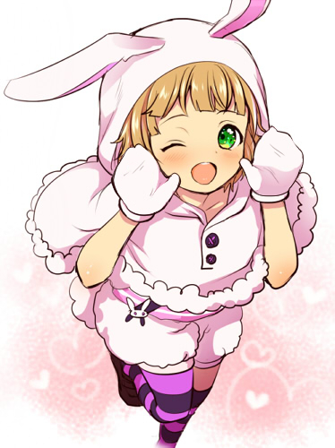 :d, ;d, animal_costume, blonde_hair, blush, bunny_costume, buttons, character_request, check_character, check_copyright, copyright_request, gloves, green_eyes, gretel_(sinoalice), hood, hood_up, lowres, menokonome, one_eye_closed, pink_gloves, sinoalice, smile, thigh-highs