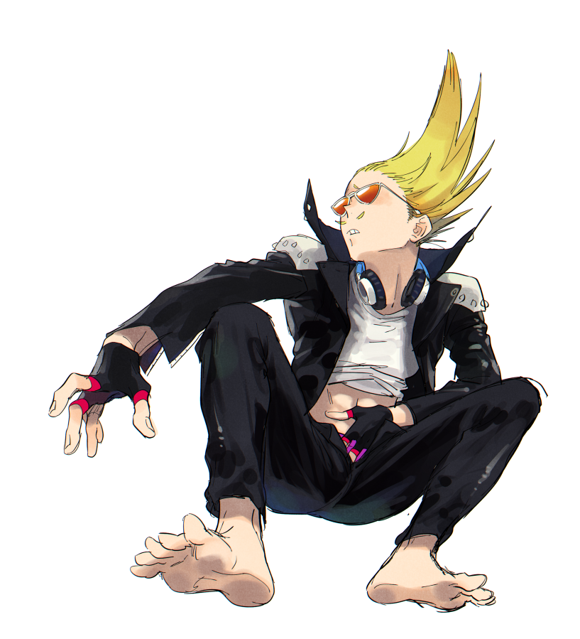 1boy, barefoot, blonde_hair, boku_no_hero_academia, clothes_lift, costume, crested_hair, epaulettes