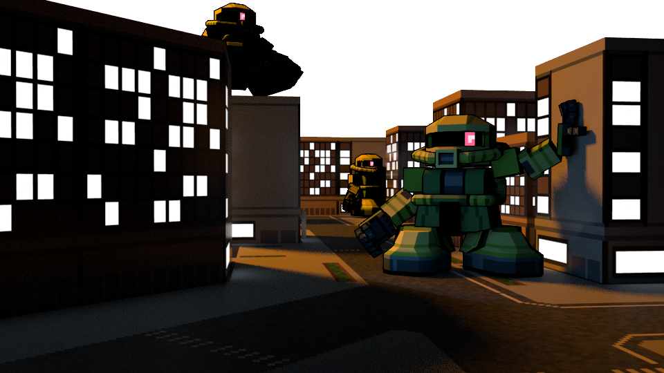 3d, building, chibi, chineseninja, clenched_hand, english_commentary, gundam, looking_at_viewer
