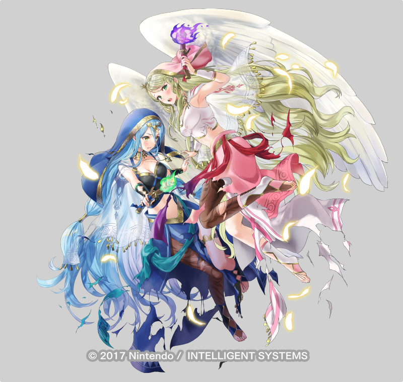 2girls, asymmetrical_legwear, azura_(fire_emblem), blonde_hair, blue_hair, breasts, choker, feathers