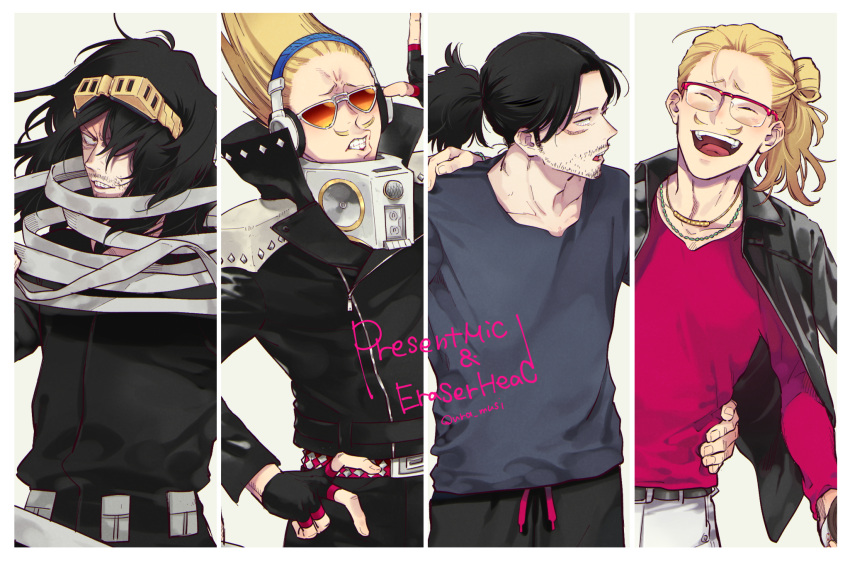amplifier, beard, belt, bespectacled, black_hair, blonde_hair, boku_no_hero_academia, border
