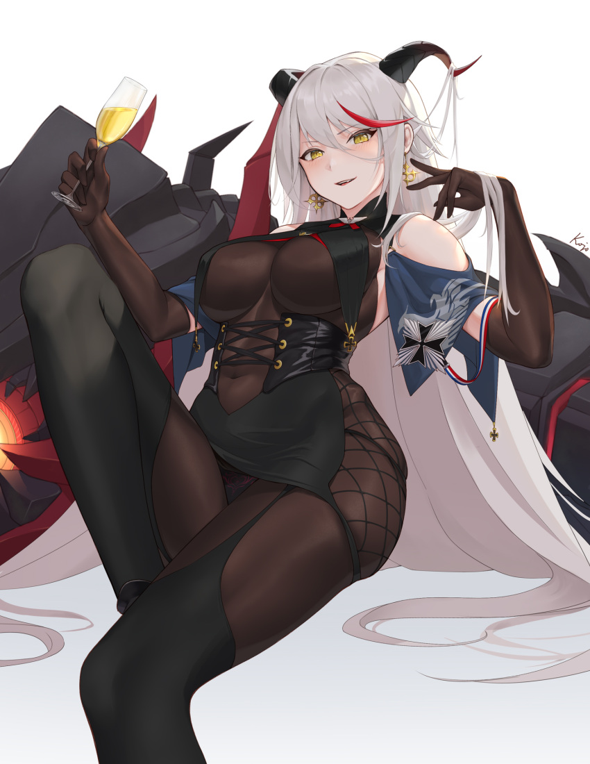 1girl, aegir_(azur_lane), alcohol, azur_lane, bangs, black_gloves, black_legwear, blush, bodysuit, breasts, champagne, covered_navel, earrings, elbow_gloves, eyebrows_visible_through_hair, gloves, highres, horns, jewelry, kojo_(0124), large_breasts, long_hair, looking_at_viewer, multicolored_hair, parted_lips, redhead, silver_hair, smile, solo, streaked_hair, thigh-highs, thighs, white_background, yellow_eyes