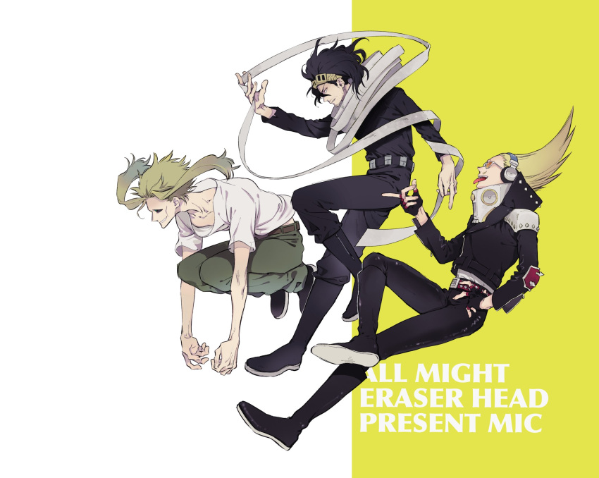 3boys, :d, amplifier, background_text, bangs, belt, black_hair, black_sclera