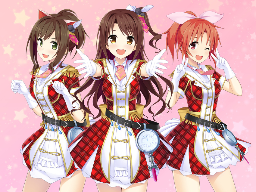 3girls, :d, ;d, abe_nana, across_the_stars_(idolmaster), animal_ears, belt, brown_eyes