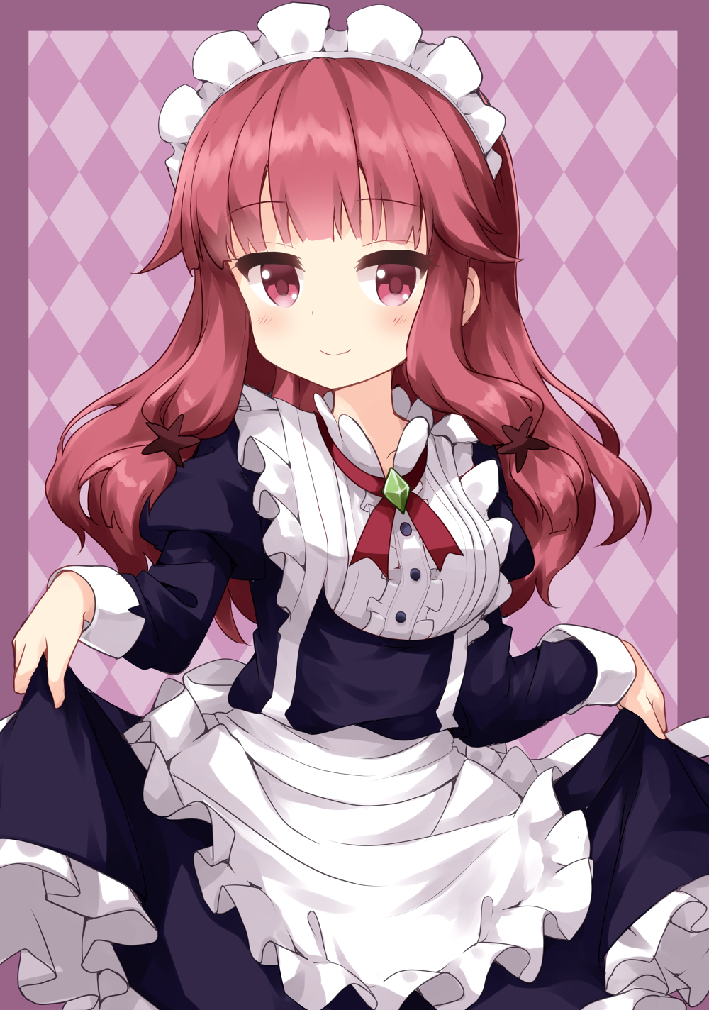 1girl, alternate_costume, apron, argyle, argyle_background, bangs, black_dress, blunt_bangs