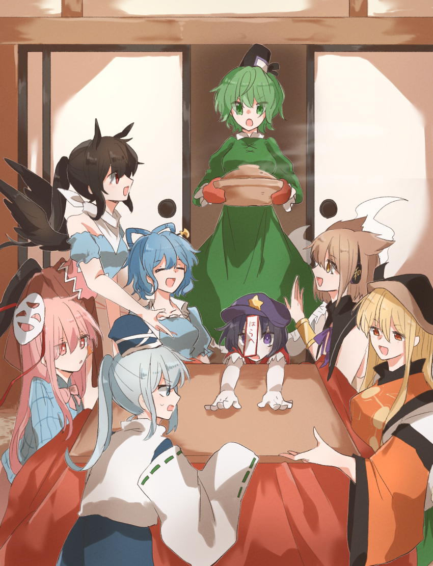 6+girls, :d, animal_ears, bare_shoulders, bracelet, closed_eyes, dagasitotaiyou, earmuffs