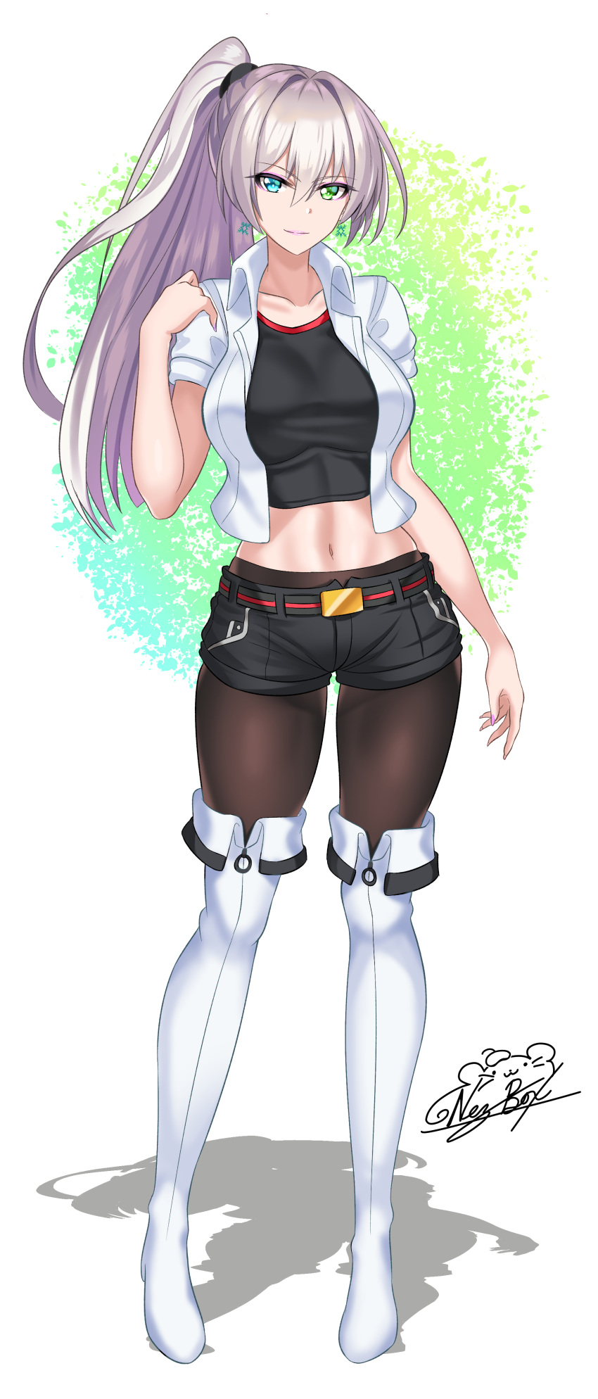 1girl, absurdres, black_legwear, boots, breasts, closed_mouth, full_body, hair_between_eyes