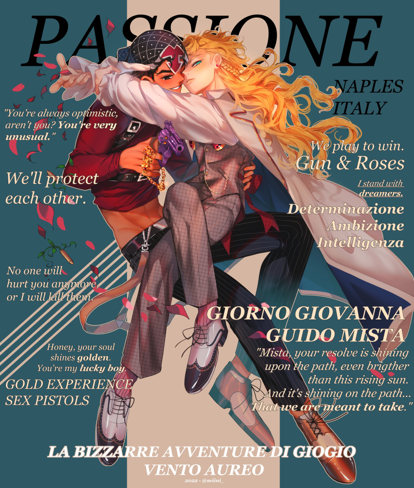 2boys, absurdres, aiming_at_viewer, arms_around_neck, belt, black_eyes, black_hair, black_pants, blonde_hair, brown_footwear, character_name, closed_mouth, coat, cover, fashion, giorno_giovanna, green_eyes, grin, guido_mista, gun, handgun, highres, holding, holding_gun, holding_weapon, jacket, jewelry, jojo_no_kimyou_na_bouken, long_hair, long_sleeves, looking_at_viewer, mafia, magazine_cover, multiple_boys, one_eye_closed, open_mouth, pants, petals, pink_jacket, pink_pants, pistol, red_shirt, ring, seiini, shirt, smile, teeth, vento_aureo, weapon, white_coat, white_footwear