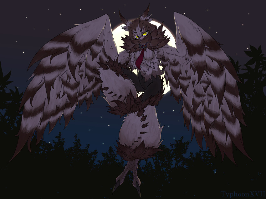 1girl, absurdres, artist_name, bangs, bird_legs, blush, breasts, brown_eyes, brown_hair, commentary, english_commentary, eyebrows_visible_through_hair, feathered_wings, feathers, fluffy, flying, forest, full_moon, hair_between_eyes, harpy, highres, looking_at_viewer, monster_girl, monster_girl_encyclopedia, moon, nature, neck_ruff, necktie, night, night_sky, owl_girl, owl_mage_(monster_girl_encyclopedia), pov, short_hair, sky, solo, talons, typhoonxvii, winged_arms, wings, yellow_eyes
