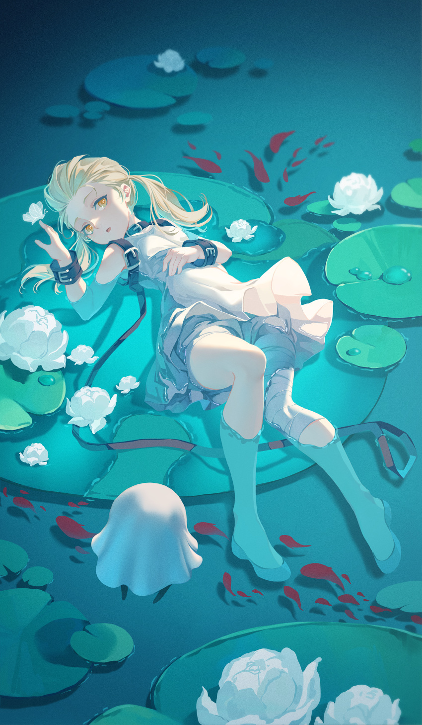 1girl, absurdres, bandaged_leg, bandages, bare_shoulders, belt, belt_collar, blonde_hair