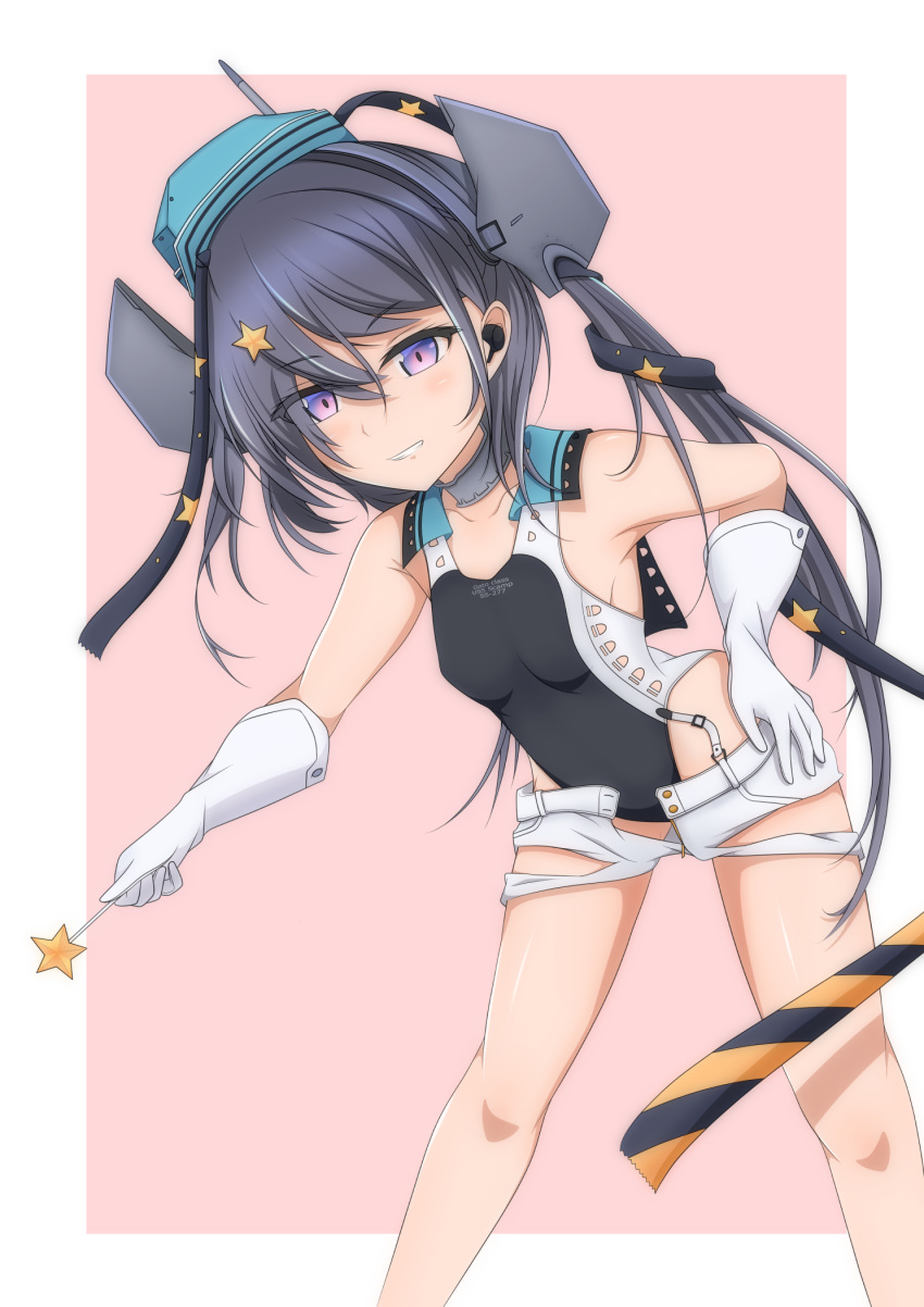 1girl, aqua_headwear, bell_shireikan, black_ribbon, black_swimsuit, border, breasts, competition_swimsuit