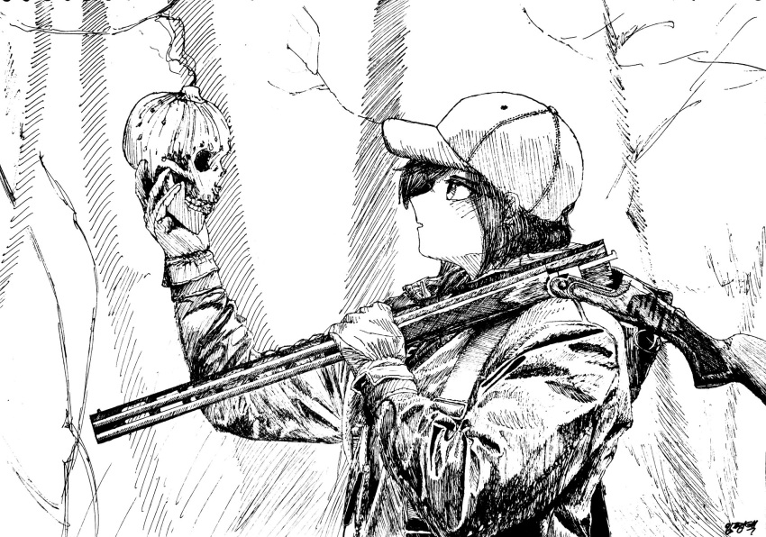 1girl, bangs, baseball_cap, black_eyes, black_hair, branch, candle, double-barreled_shotgun, gloves, gun, hat, highres, holding, holding_gun, holding_skull, holding_weapon, imponte1232, jacket, lineart, long_hair, long_sleeves, monochrome, open_mouth, original, outdoors, shotgun, signature, skull, solo, traditional_media, tree, weapon