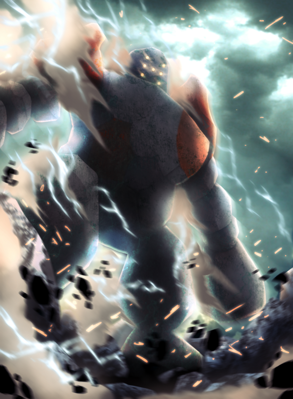 blurry, clouds, commentary_request, electricity, glowing, glowing_eyes, highres, miyagawa_(maxggguys)