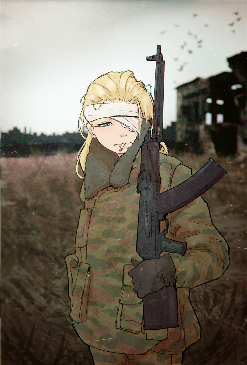 1girl, bandage_over_one_eye, bird, blonde_hair, blurry, blurry_foreground, brown_gloves, building