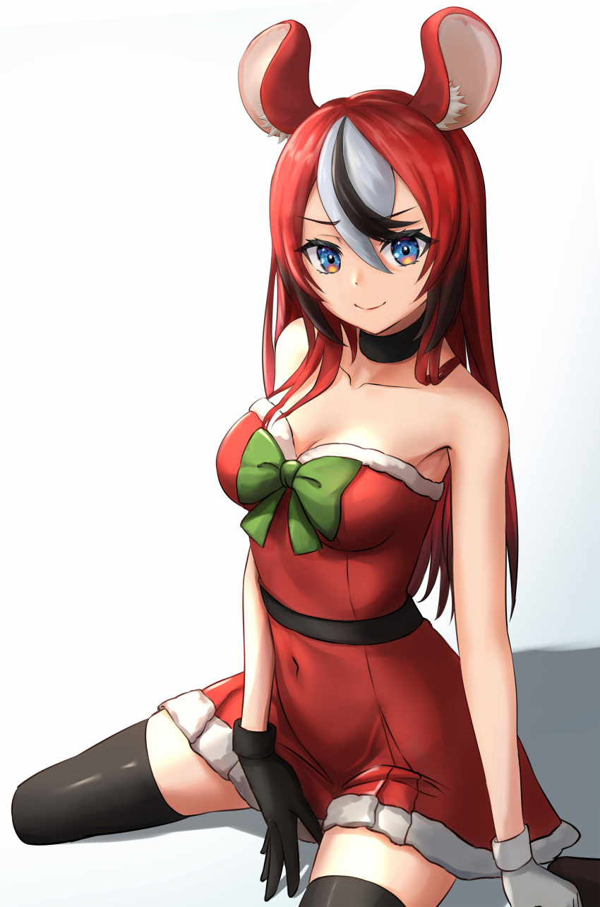 1girl, absurdres, alternate_hairstyle, animal_ear_fluff, animal_ears, asymmetrical_gloves, bare_shoulders, black_choker
