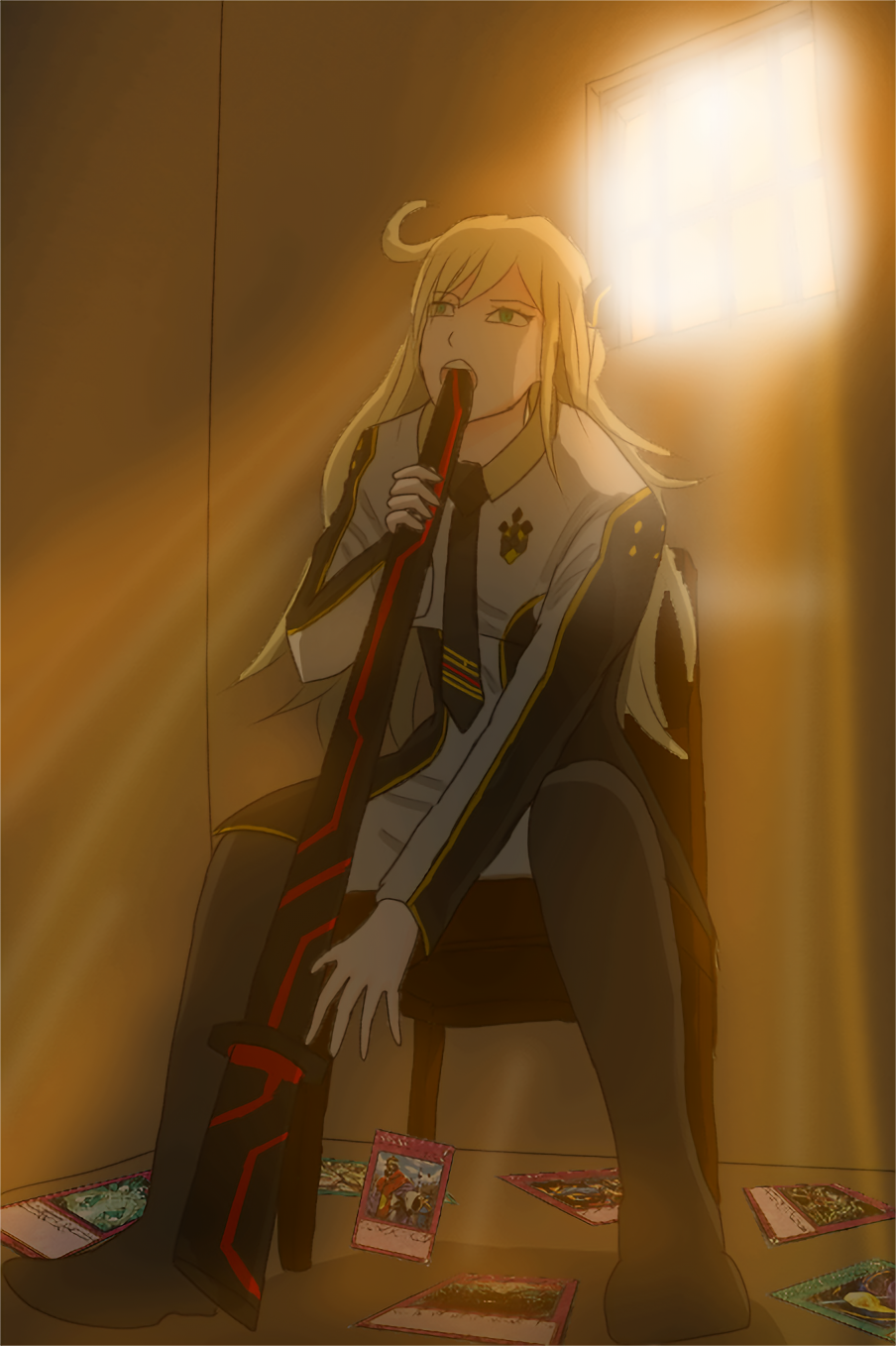 1girl, arm_behind_back, bangs, blonde_hair, blue_background, blue_eyes, blurry, blurry_background, breasts, brown_dress, brown_legwear, brown_neckwear, collared_dress, commentary_request, cowboy_shot, cowlick, dress, duel_monster, eyebrows_visible_through_hair, gucchioverdrive, hair_ornament, hand_on_own_thigh, highres, light_particles, long_hair, long_sleeves, looking_at_viewer, medium_breasts, necktie, parody, shadow, shingeki_no_kyojin_(parody), short_dress, skeb_commission, sky_striker_ace_-_raye, smile, solo, sparkle, thigh-highs, two-tone_background, two-tone_dress, white_dress, yu-gi-oh!, yuu-gi-ou