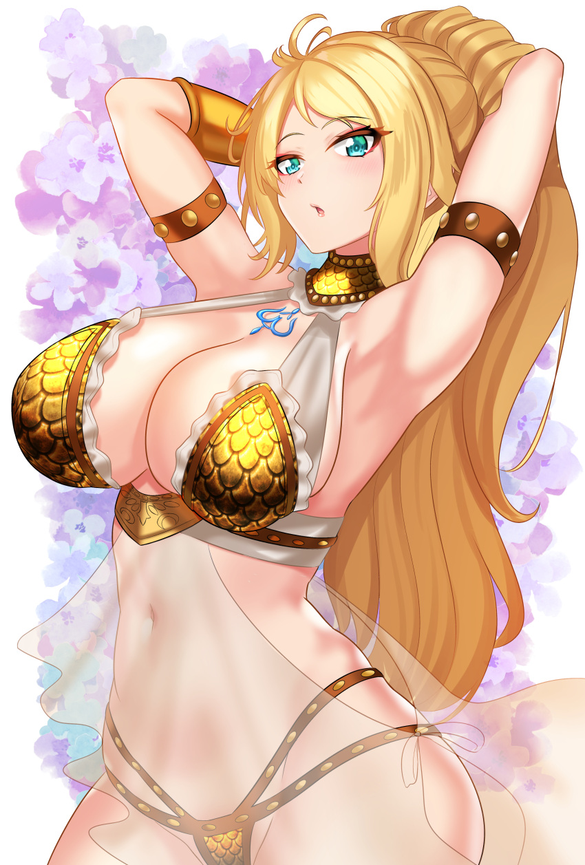 1girl, absurdres, aqua_eyes, armlet, armor, armpits, arms_behind_head, arms_up