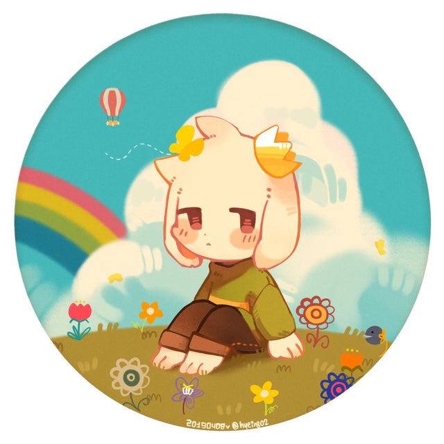animal_ears, asriel_dreemurr, balloon, blue_sky, brown_pants, bug, building, butterfly, clouds, cloudy_sky, crown, flower, fluffy, furry, furry_male, goat, goat_boy, goat_ears, grass, green_shirt, hyeing02, monster, pants, rainbow, rose, shirt, sky, skyscraper, undertale, white_fur