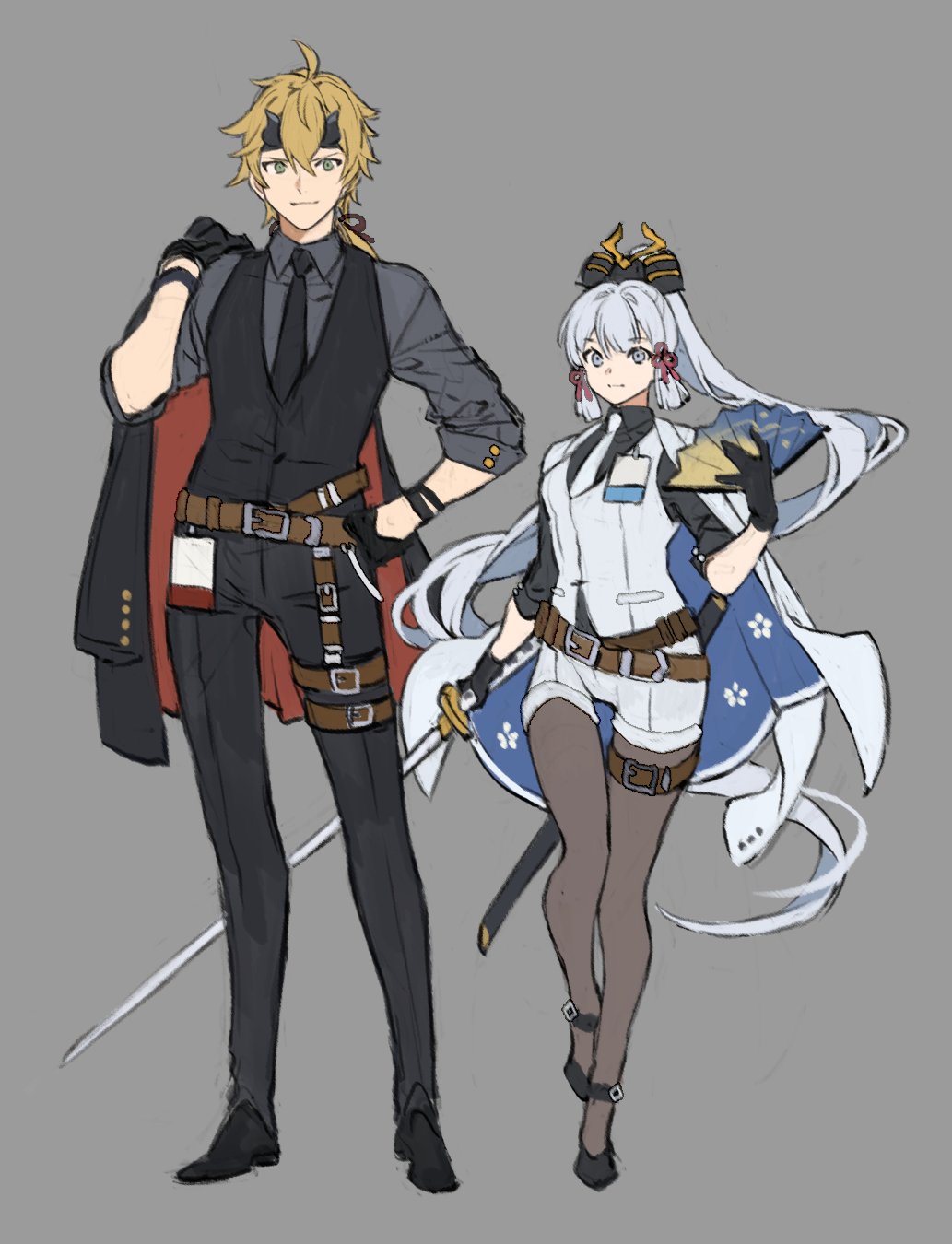 1boy, 1girl, alternate_costume, bangs, belt, black_footwear, black_gloves, black_legwear