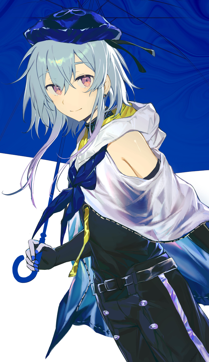 1boy, absurdres, arknights, belt, beret, black_shirt, black_shorts, blue_hair
