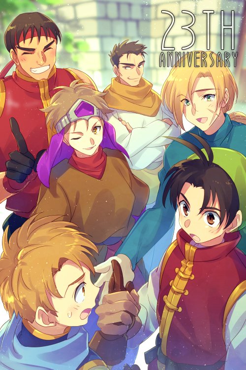 1girl, 5boys, bandana, black_hair, brown_eyes, brown_hair, cleo_(suikoden), closed_mouth
