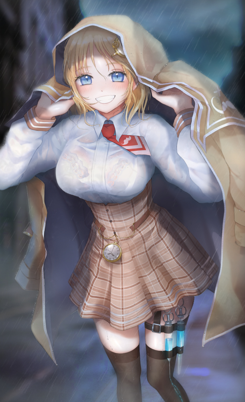1girl, absurdres, blonde_hair, blue_eyes, bra, breasts, coat, coat_on_shoulders