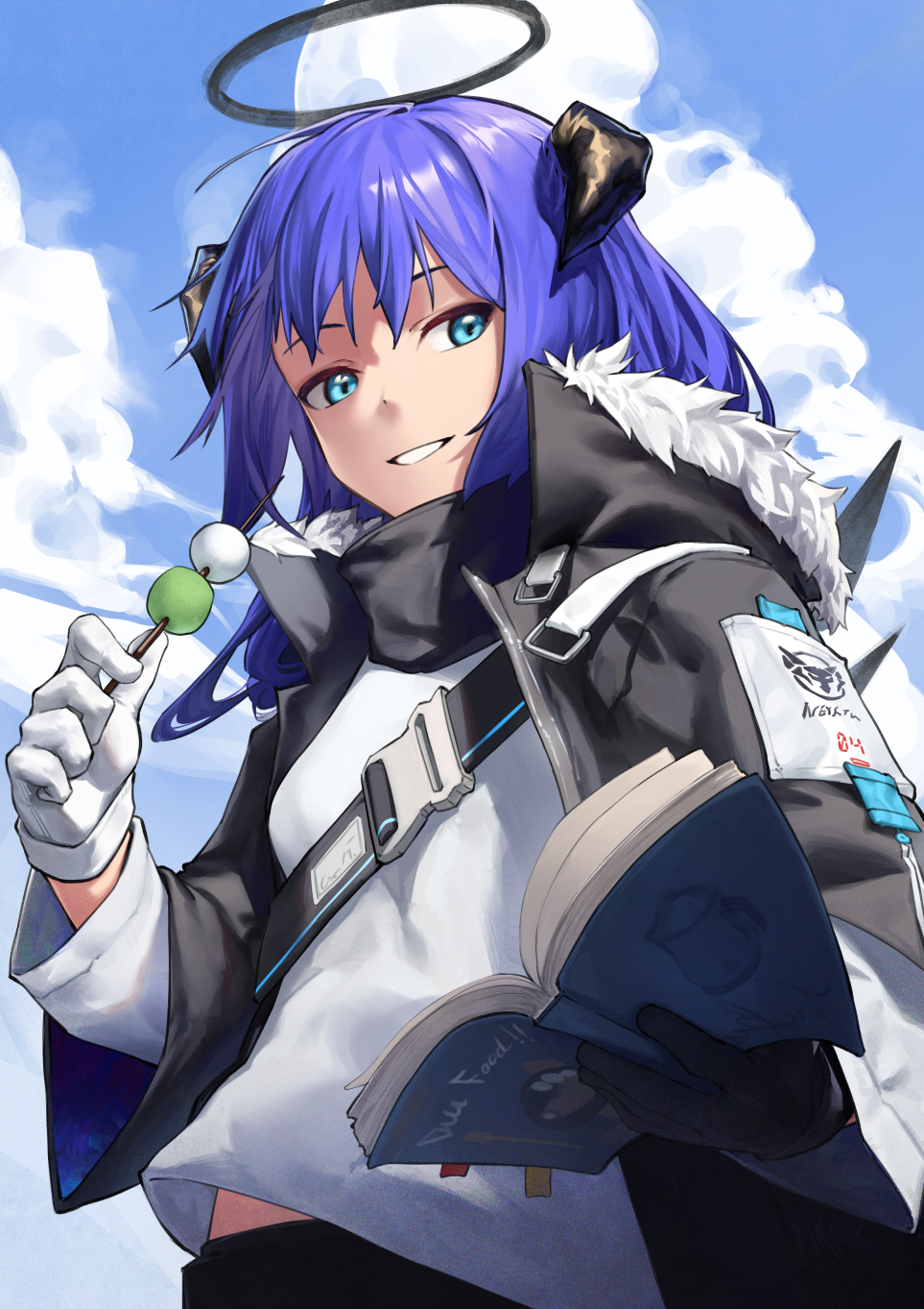 1girl, arknights, asymmetrical_gloves, blue_eyes, blue_hair, book, dango, food