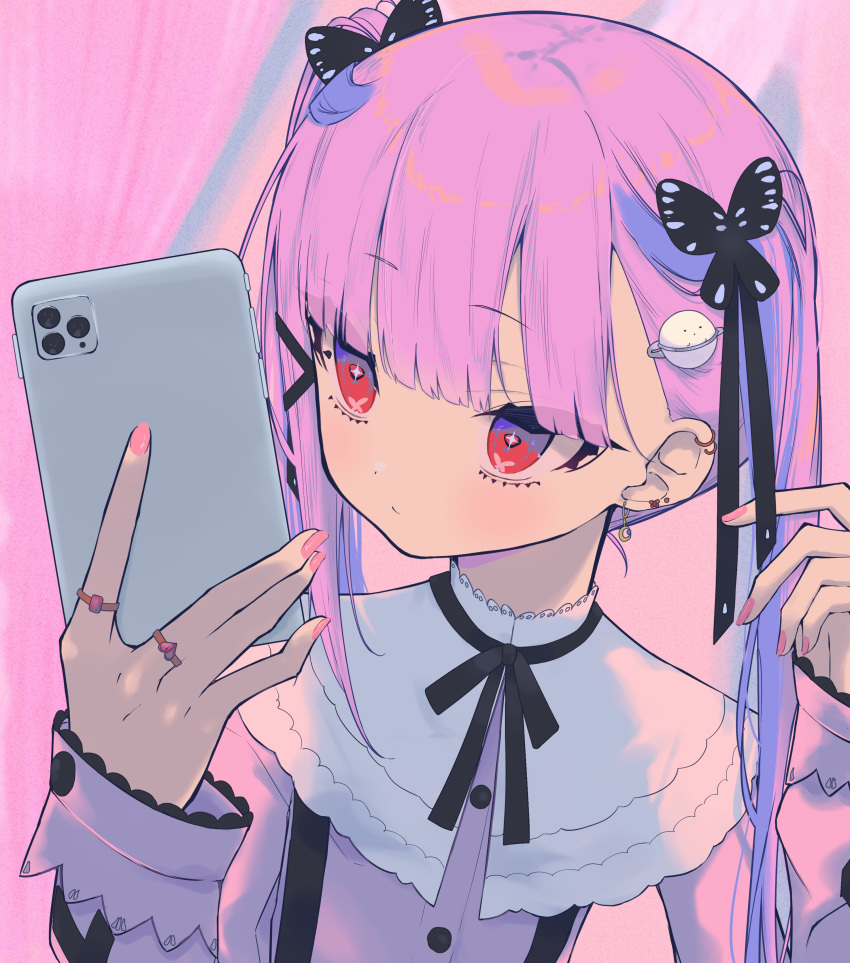 1girl, absurdres, bangs, black_ribbon, blush, butterfly_hair_ornament, cellphone, choker