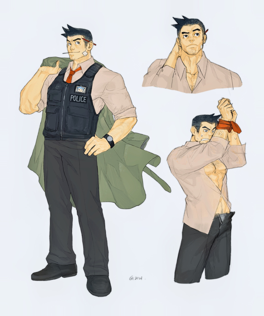 1boy, absurdres, ace_attorney, arm_behind_head, arm_hair, arms_up, artist_name, bandaid, bandaid_on_face, black_eyes, black_footwear, black_hair, black_pants, blue_background, blue_badger, bound, bound_wrists, brown_shirt, bulletproof_vest, chest_hair, chinese_commentary, clenched_hands, clenched_teeth, closed_mouth, coat, collarbone, collared_shirt, commentary_request, cowboy_shot, cropped_legs, cropped_torso, dated, dick_gumshoe, facial_hair, forehead, full_body, godzillapigeon1, green_coat, grey_male_underwear, groin, hand_on_hip, hand_up, happy, highres, holding, holding_clothes, large_pectorals, looking_to_the_side, male_focus, male_pubic_hair, male_underwear, male_underwear_peek, mouth_hold, multiple_views, navel, necktie, open_clothes, open_fly, open_shirt, own_hands_together, pants, pectoral_cleavage, pectorals, pencil_behind_ear, pocket, police, police_uniform, policeman, pubic_hair, raised_eyebrow, red_necktie, shirt, shoes, short_hair, signature, simple_background, sleeves_rolled_up, smile, stalk_in_mouth, standing, straight-on, stubble, sweat, teeth, thinking, underwear, uniform, upper_body, v-shaped_eyebrows, watch, watch, zipper, zipper_pull_tab