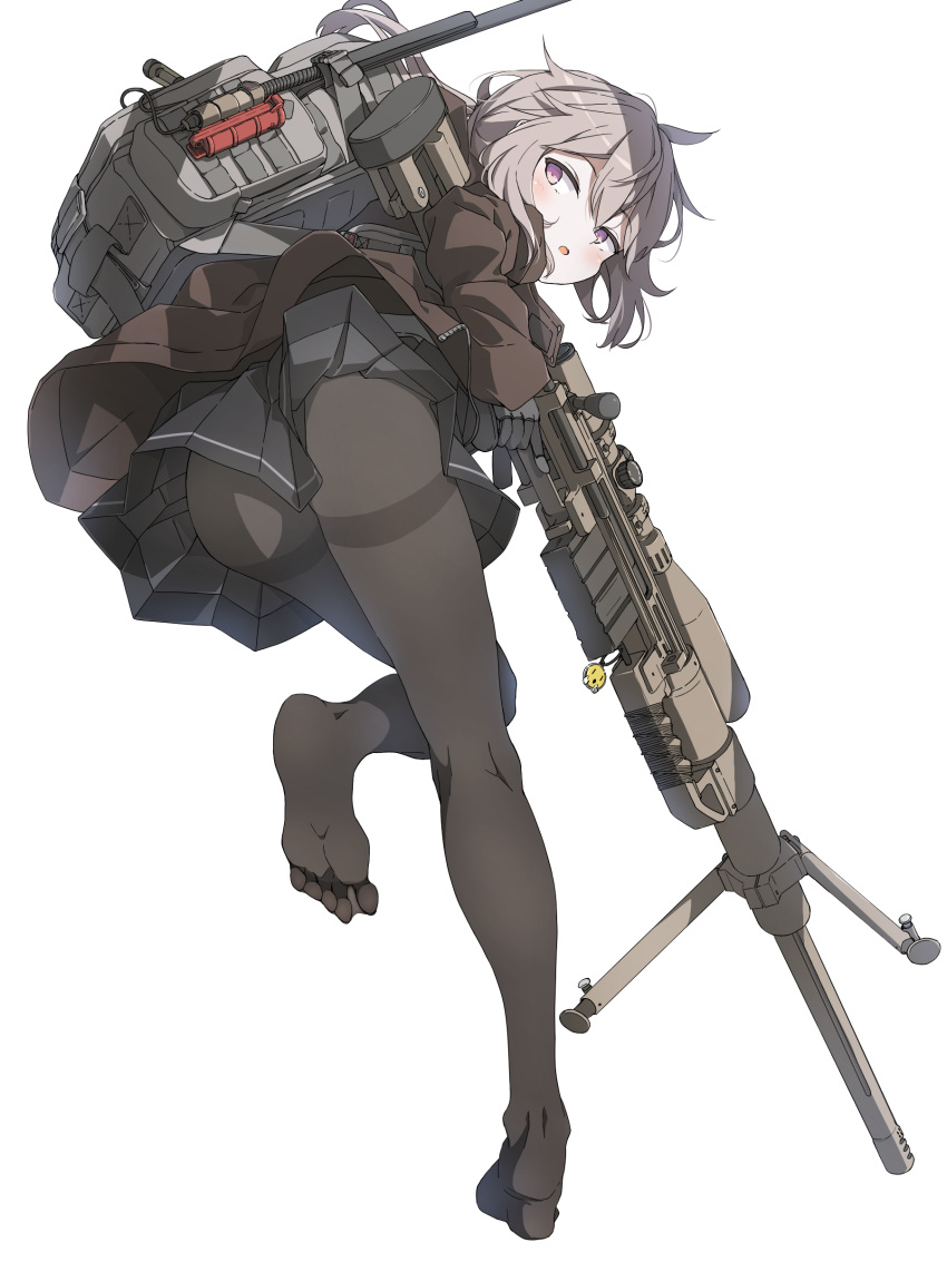 1girl, absurdres, backpack, bag, bipod, black_gloves, black_legwear, black_skirt, bolt_action, brown_jacket, cheytac_m200, girls_frontline, gloves, grey_hair, gun, highres, holding, holding_gun, holding_weapon, jacket, light_purple_eyes, long_sleeves, looking_at_viewer, looking_back, m200_(girls'_frontline), miniskirt, pantyhose, pleated_skirt, rifle, short_hair, simple_background, skirt, sniper_rifle, solo, tai_san_ps4, thighband_pantyhose, trigger_discipline, weapon, white_background