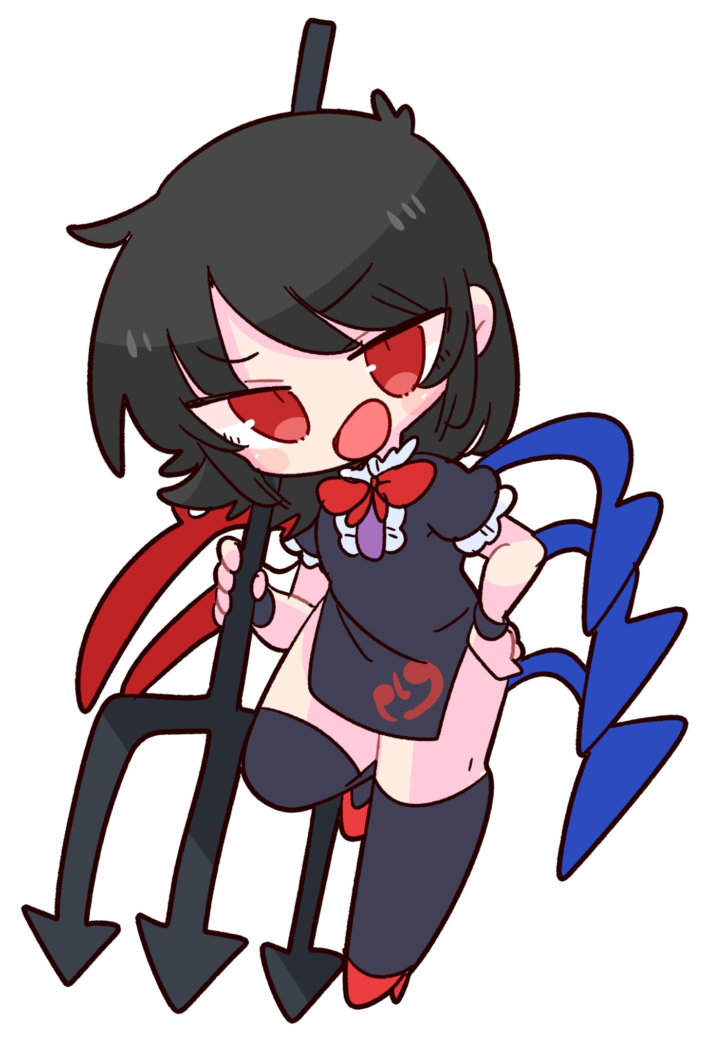 1girl, asymmetrical_wings, black_dress, black_hair, black_legwear, blue_wings, bow, bowtie