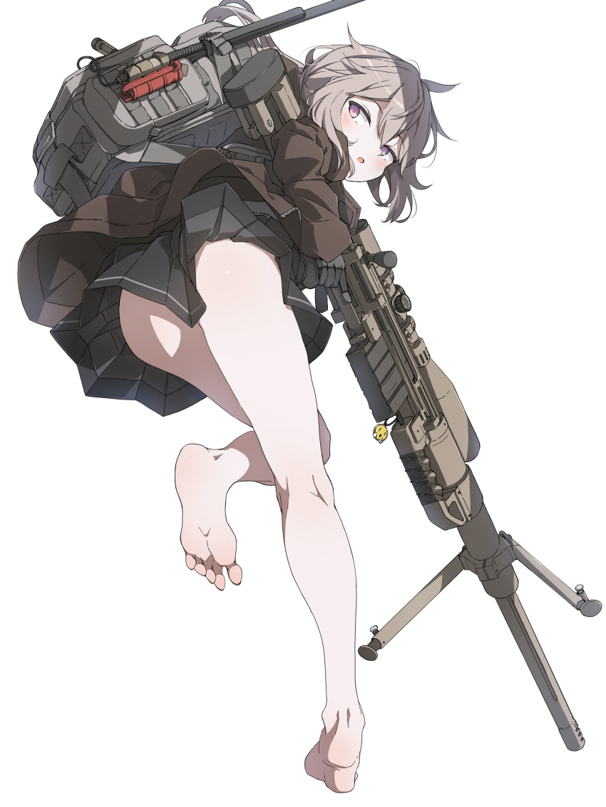 1girl, absurdres, backpack, bag, bare_legs, barefoot, bipod, black_gloves