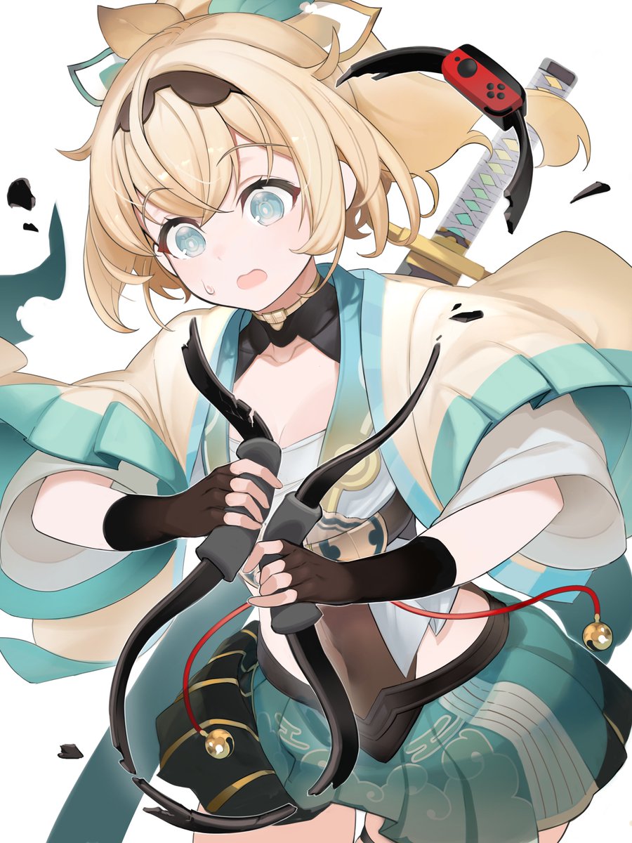 1girl, aqua_eyes, bell, blonde_hair, breaking, dokkumaa, fingerless_gloves, gloves