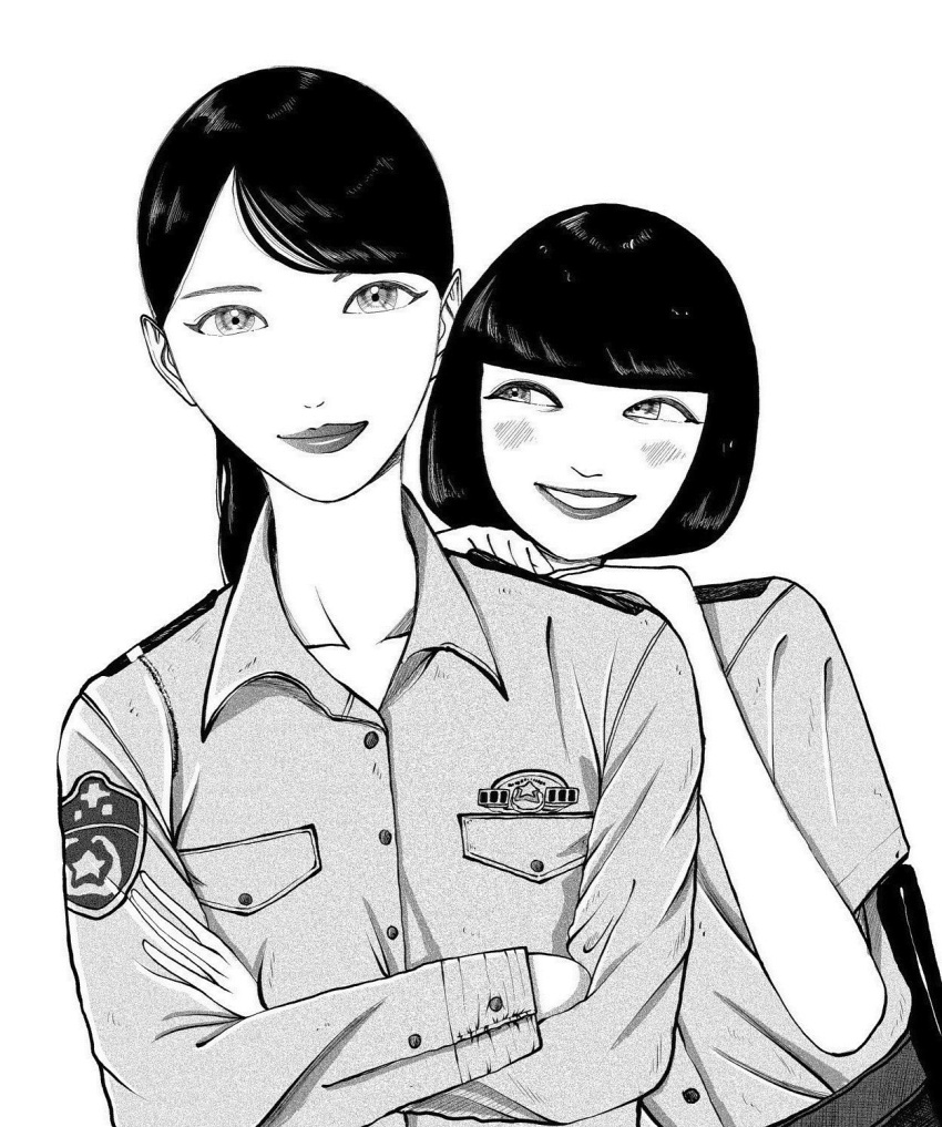 2girls, badge, bangs, black_hair, blunt_bangs, blush, fuji_seiko, greyscale