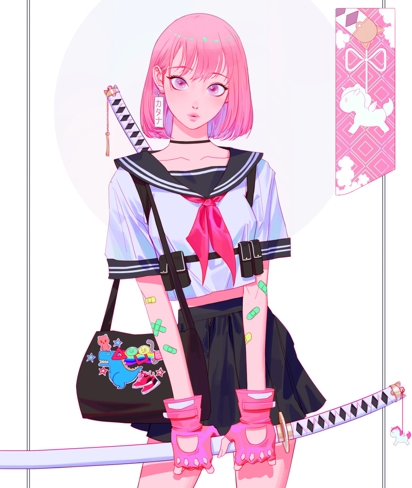 1girl, :o, absurdres, bag, bandaid, bandaid_on_arm, bangs, black_choker