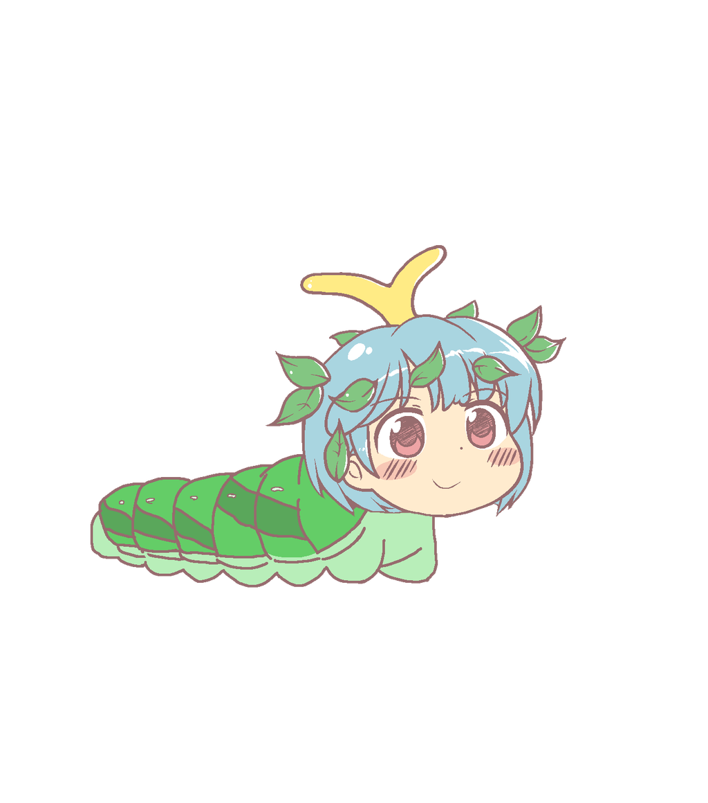 1girl, anonymous_(japanese), antennae, aqua_hair, blush, brown_eyes, caterpillar, closed_mouth