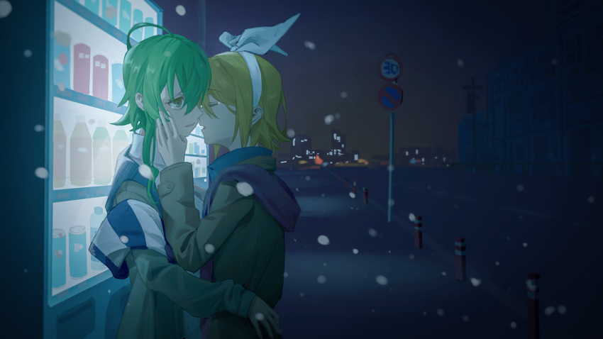 2girls, against_object, ahoge, blonde_hair, bollard, bow, brown_jacket, cityscape, closed_eyes, commentary, green_eyes, green_hair, gumi, hair_bow, hand_on_another's_cheek, hand_on_another's_face, highres, imminent_kiss, jacket, kagamine_rin, multiple_girls, night, open_mouth, outdoors, road_sign, scarf, short_hair, short_hair_with_long_locks, sidelocks, sign, snowing, standing, upper_body, vending_machine, vocaloid, white_bow, winter, wounds404, yuri