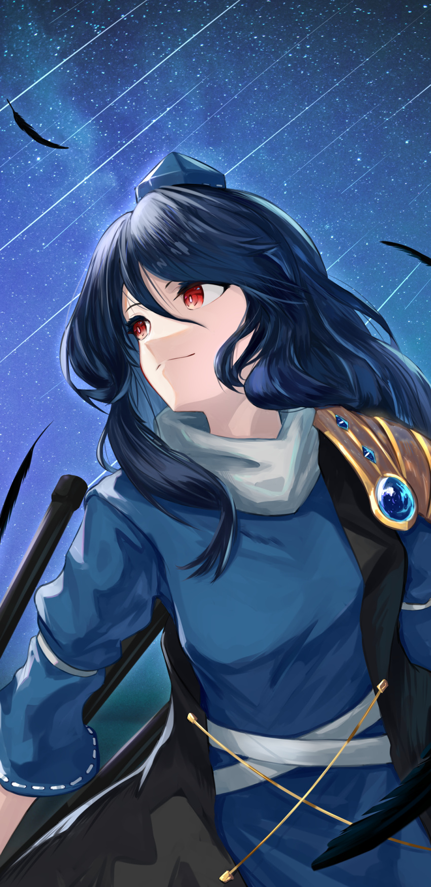 1girl, black_coat, black_wings, blue_dress, blue_hair, blue_headwear, breasts, closed_mouth