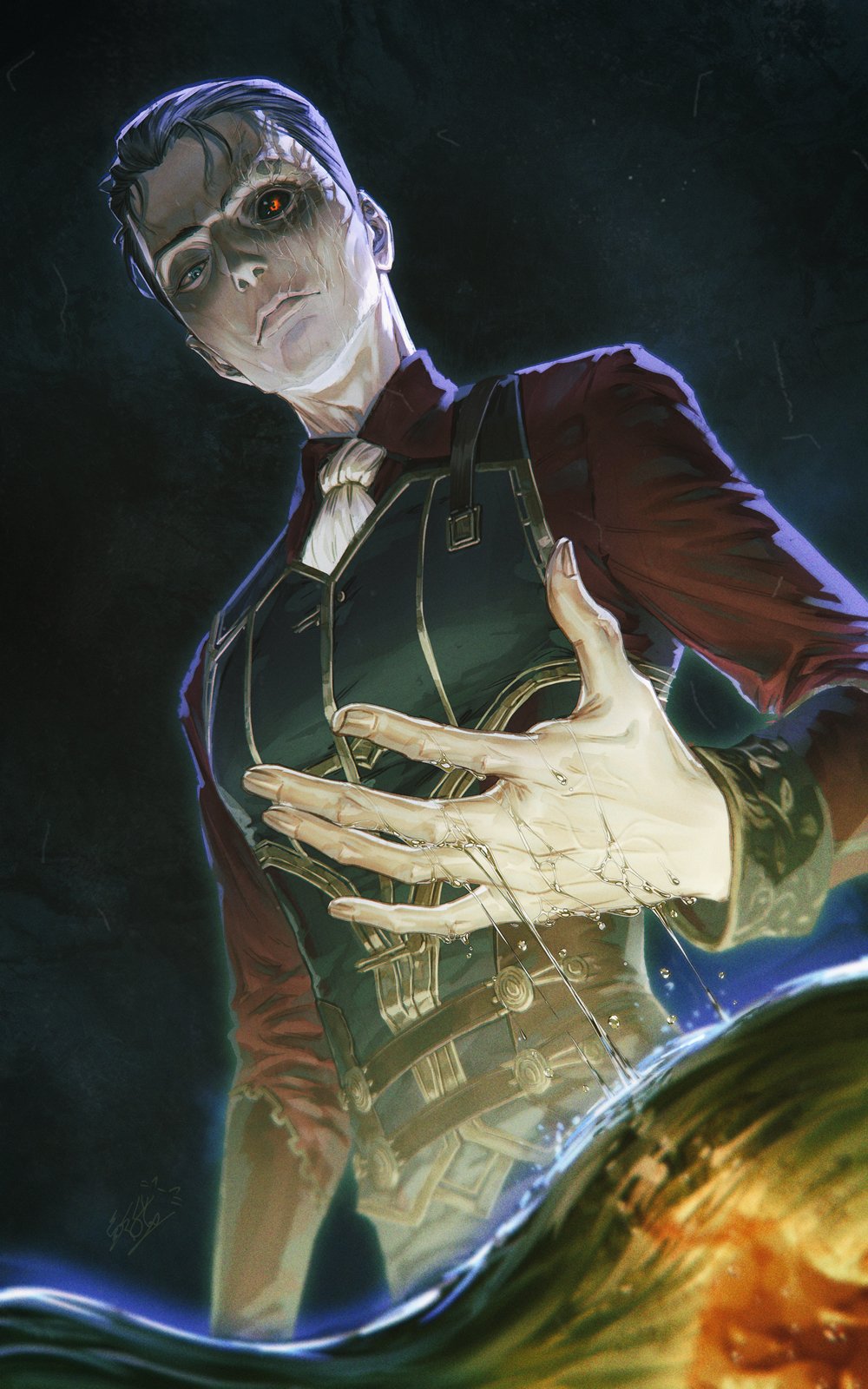 1boy, arcane:_league_of_legends, black_hair, black_sclera, black_shirt_cuffs, black_sky, blue_eyes, collared_shirt