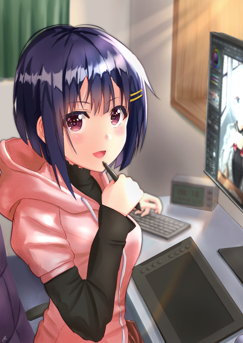 1girl, akiyama0818, alarm_clock, armchair, bangs, black_blouse, blouse, blue_hair