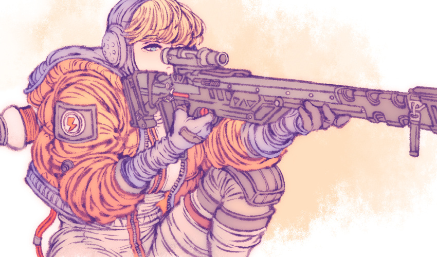1girl, aiming, apex_legends, bangs, blonde_hair, blue_eyes, blue_gloves, bodysuit, eyebrows_visible_through_hair, gloves, gun, holding, holding_gun, holding_weapon, hood, hooded_jacket, jacket, kanzumesabako, knee_pads, kneeling, lightning_bolt_symbol, rifle, scope, sniper_rifle, solo, triple_take, wattson_(apex_legends), weapon, white_bodysuit