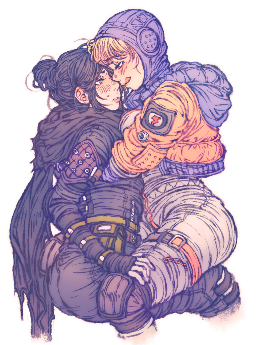2girls, apex_legends, ass, bangs, black_bodysuit, black_gloves, black_scarf, blonde_hair