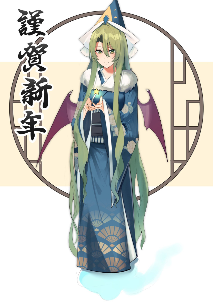 1girl, alternate_costume, bangs, bat_wings, black_sash, blue_eyes, blue_kimono, blush