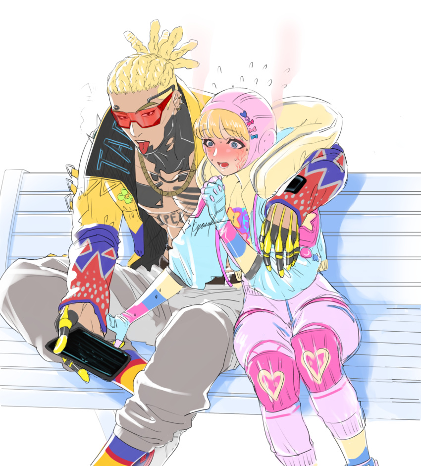 1boy, 1girl, abs, apex_legends, arm_around_shoulder, bailian, bandaid_on_stomach, blonde_hair